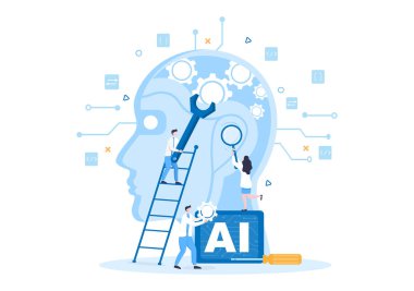 Yapay Zeka Dijital Beyin Teknolojisi ve Programcı Veri ya da Sistemlerle Mühendislik Konsepti Bilimsel Bağlam 'da kurulabilir. Vektör İllüstrasyonu