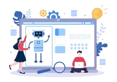 Yapay Zeka Dijital Beyin Teknolojisi ve Programcı Veri ya da Sistemlerle Mühendislik Konsepti Bilimsel Bağlam 'da kurulabilir. Vektör İllüstrasyonu