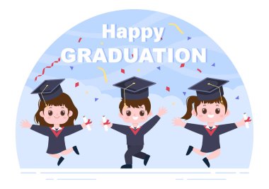 Geçmiş Vektör İllüstrasyonunu Kutlayan Öğrencilerin Mezuniyet Günü 'nüz kutlu olsun Akademik Elbise, Mezuniyet Başı ve Düz Stil Diploması Giyen