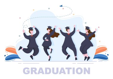 Geçmiş Vektör İllüstrasyonunu Kutlayan Öğrencilerin Mezuniyet Günü 'nüz kutlu olsun Akademik Elbise, Mezuniyet Başı ve Düz Stil Diploması Giyen