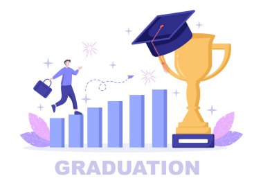 Geçmiş Vektör İllüstrasyonunu Kutlayan Öğrencilerin Mezuniyet Günü 'nüz kutlu olsun Akademik Elbise, Mezuniyet Başı ve Düz Stil Diploması Giyen