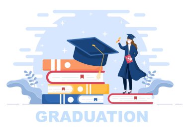 Geçmiş Vektör İllüstrasyonunu Kutlayan Öğrencilerin Mezuniyet Günü 'nüz kutlu olsun Akademik Elbise, Mezuniyet Başı ve Düz Stil Diploması Giyen