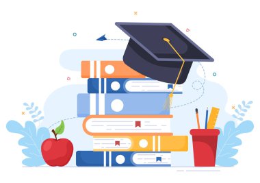 Geçmiş Vektör İllüstrasyonunu Kutlayan Öğrencilerin Mezuniyet Günü 'nüz kutlu olsun Akademik Elbise, Mezuniyet Başı ve Düz Stil Diploması Giyen