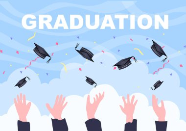 Geçmiş Vektör İllüstrasyonunu Kutlayan Öğrencilerin Mezuniyet Günü 'nüz kutlu olsun Akademik Elbise, Mezuniyet Başı ve Düz Stil Diploması Giyen