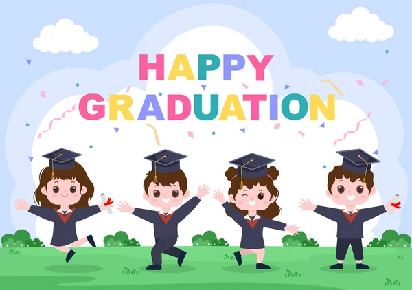 Glad Graduation Day Students Fira Bakgrund Vektor Illustration Bära Akademisk — Stock vektor