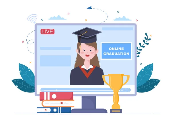 Online Virtual Graduation Day Students Celebrating Background Vector Illustration Wearing — 스톡 벡터