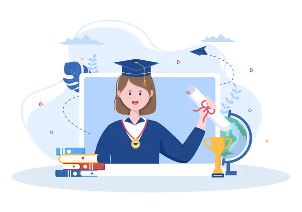 Online Virtual Graduation Day Students Celebrating Background Vector Illustration Wearing — 스톡 벡터