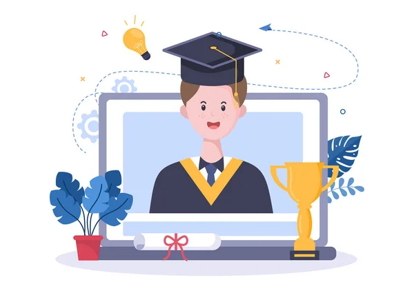 Online Virtual Graduation Day Students Celebrating Background Vector Illustration Wearing — 스톡 벡터