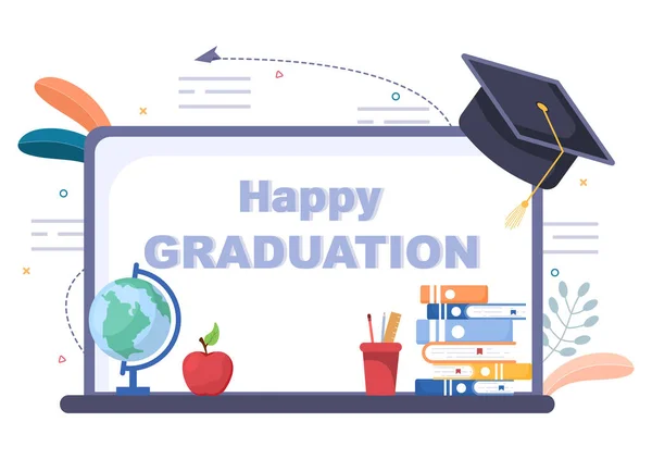 Online Virtual Graduation Day Students Fira Bakgrund Vektor Illustration Bära — Stock vektor