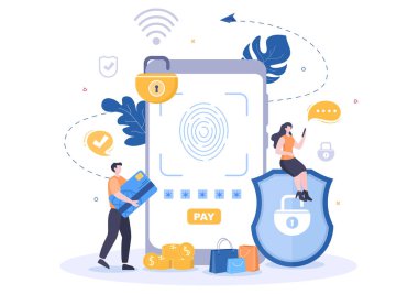 Çevrimiçi E-Bankacılık Uygulaması, Cüzdan veya Banka Kredi Kartı Vektör İllüzyonu Teknoloji, Veri Koruması ve Akıllı Telefonlar aracılığıyla Dijital Ödemeler İçin Ödeme Güvenliği
