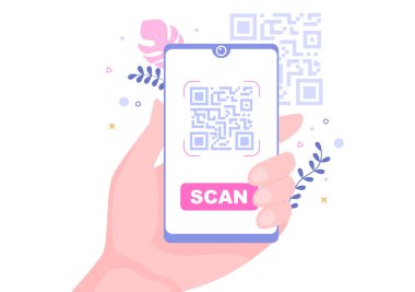 Çevrimiçi Ödeme için QR Kod Tarayıcı, Elektronik Ödeme ve Akıllı Telefon 'da Uygulamalı Para Aktarımı. Arkaplan Vektör İllüstrasyonu