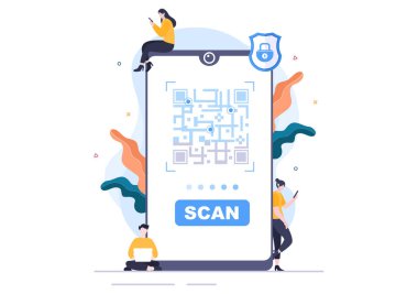 Çevrimiçi Ödeme için QR Kod Tarayıcı, Elektronik Ödeme ve Akıllı Telefon 'da Uygulamalı Para Aktarımı. Arkaplan Vektör İllüstrasyonu