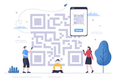 Çevrimiçi Ödeme için QR Kod Tarayıcı, Elektronik Ödeme ve Akıllı Telefon 'da Uygulamalı Para Aktarımı. Arkaplan Vektör İllüstrasyonu