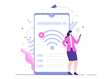Kayıp Kablosuz Bağlantı ya da Bağlantısız Kablo, Kablosuz Sinyal İnternet Yok, Akıllı Telefon Ekranında Sayfa Bulunamadı. Arkaplan Vektör İllüstrasyonu