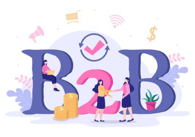 B2B ya da Business to Business Marketing Vector Illustration. İş Adamları ve Müşteri Belirlenen Strateji, Satış ve Anlaşmalı İşlem Ticaretinden Sonra El sıkışır