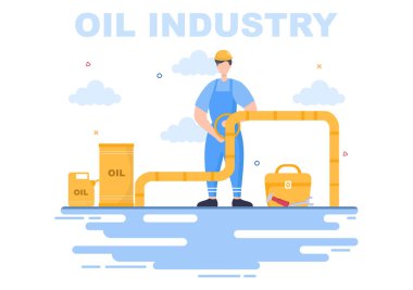 Petrol Sanayi Vektörü İllüstrasyonu. Crude Extraction, Rafineri Santrali, Sondaj, Benzin İstasyonu, Tank Kamyon Taşımacılığı ile Yakıt Borusu ve Teslimatı