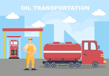 Petrol Sanayi Vektörü İllüstrasyonu. Crude Extraction, Rafineri Santrali, Sondaj, Benzin İstasyonu, Tank Kamyon Taşımacılığı ile Yakıt Borusu ve Teslimatı