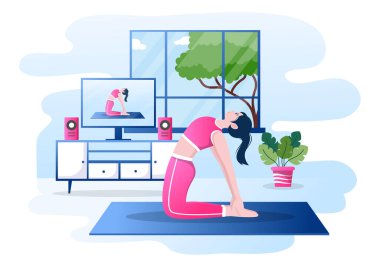 Kadın Yoga İzleyen ve Evde Esneme Egzersizleri İçin Tekrar Eten Filmler. Arkaplan Vektör İllüstrasyonu