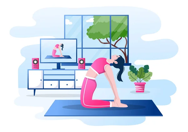 Video Tutorials Woman Watching Yoga Online Video Repeting Stretching Exercises — 스톡 벡터