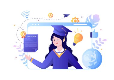 Diplomalı Mezuniyet Sertifikası Belgesi Simgesi, Diploma. Şapka ve Madalya. Web sitesi veya Poster Arkaplan Vektörü İllüstrasyonu için Çevrimiçi Eğitim