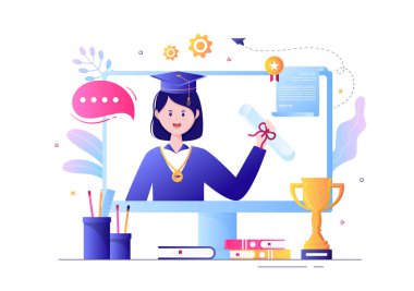 Diplomalı Mezuniyet Sertifikası Belgesi Simgesi, Diploma. Şapka ve Madalya. Web sitesi veya Poster Arkaplan Vektörü İllüstrasyonu için Çevrimiçi Eğitim