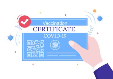 Covid-19 Aşılama Sertifika Simgesi ve Aşı Aşısının Akıllı Telefon Biçiminde veya Taramada Aşılandığının kanıtı. Arkaplan Vektör İllüstrasyonu
