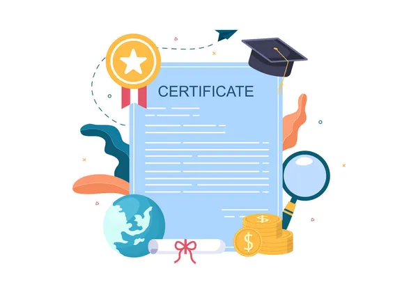 Certificado Graduação Ícone Documento Com Emblema Licença Diploma Chapéu Medalha —  Vetores de Stock