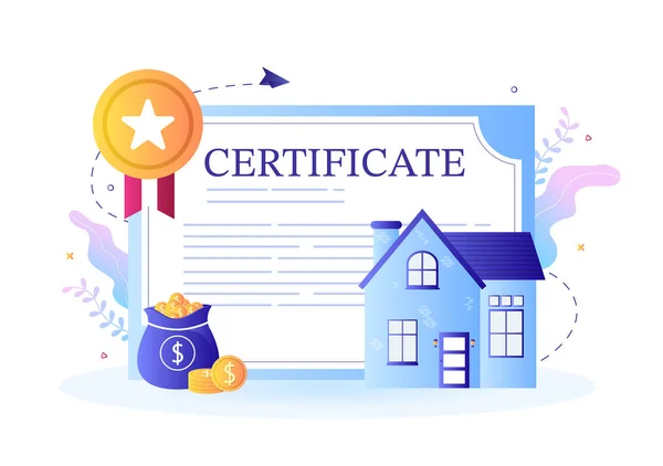 房地产合同 房屋维修和购房协议书的财产证书 加盖印章或许可证 背景矢量说明 — 图库矢量图片