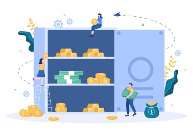 Banka Dolabı Vektör İllüstrasyonu. Nakit Güvenliği, Koruma, Altın, Para ve Önemli Belgeler İçin Elektronik Anahtarı kullanarak Depolama Kutusu