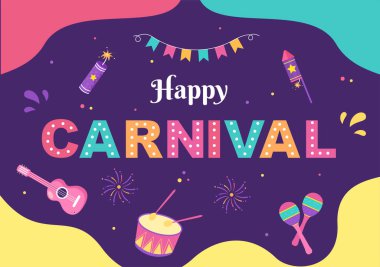 Mutlu Karnaval Kutlama Arkaplan Vektör İllüzyonu. Renkli Parti, Konfeti, Dans, Müzik ve Poster İçin Parlak Kostümler Festivali