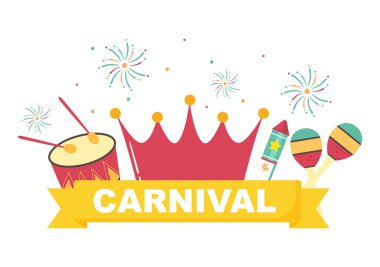 Mutlu Karnaval Kutlama Arkaplan Vektör İllüzyonu. Renkli Parti, Konfeti, Dans, Müzik ve Poster İçin Parlak Kostümler Festivali