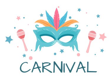 Mutlu Karnaval Kutlama Arkaplan Vektör İllüzyonu. Renkli Parti, Konfeti, Dans, Müzik ve Poster İçin Parlak Kostümler Festivali