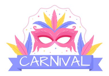 Mutlu Karnaval Kutlama Arkaplan Vektör İllüzyonu. Renkli Parti, Konfeti, Dans, Müzik ve Poster İçin Parlak Kostümler Festivali