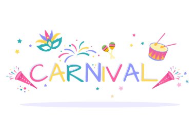 Mutlu Karnaval Kutlama Arkaplan Vektör İllüzyonu. Renkli Parti, Konfeti, Dans, Müzik ve Poster İçin Parlak Kostümler Festivali