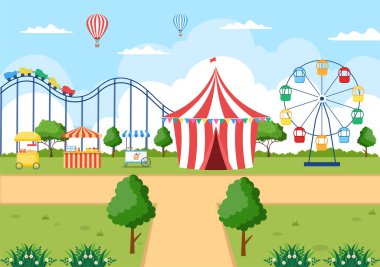 Karnaval, sirk, lunapark ya da lunapark ile yaz fuarı. Atlıkarınca, Hız treni, Hava Balonu ve Çocuk Bahçesi Vektör Resimleri