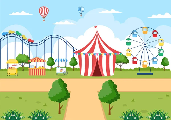 Feira Verão Com Carnaval Circo Feira Diversões Parque Diversões Paisagem — Vetor de Stock