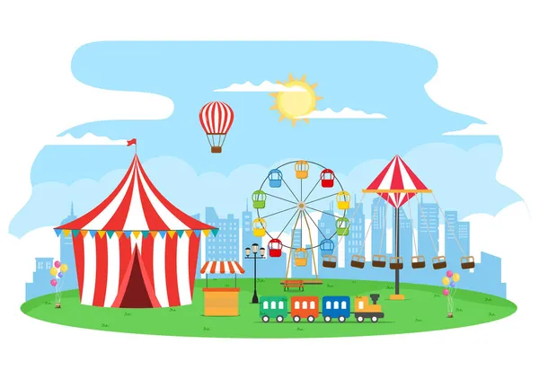 Sommarmässa Med Karneval Cirkus Tivoli Eller Nöjespark Landskap Karuseller Berg — Stock vektor