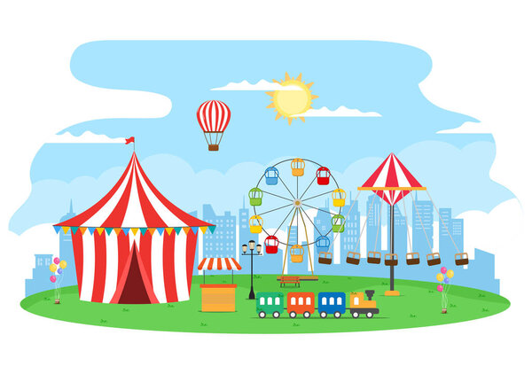 Summer Fair with Carnival, Circus, Funfair or Amusement Park. Landscape of Carousels, Roller Coaster, Air Balloon and Playground Vector Illustration