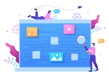 Teknoloji, Mühendislik Ekibi, Kodlama, Pazarlama, İşletme ve Sunum için Bilgisayar Vektörü İllüzyonu Yazılım Geliştirme ve Programlama Kodu