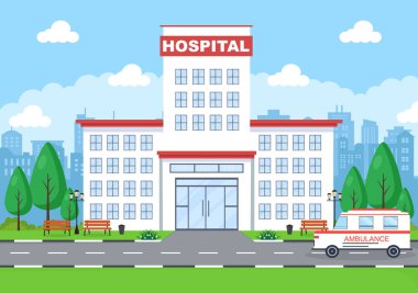 Hastane Sağlık Hizmetleri Çizgi Filmi Vector Illustration with, Ambulans Car, Doctor, Patient, Nurses and Medical Clinic Exterior