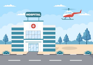 Hastane Sağlık Hizmetleri Çizgi Filmi Vector Illustration with, Ambulans Car, Doctor, Patient, Nurses and Medical Clinic Exterior