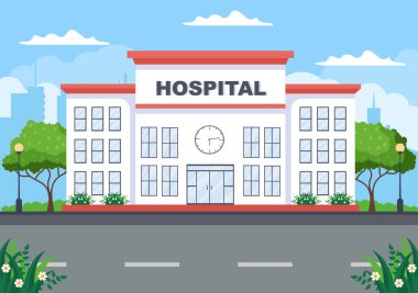 Hastane Sağlık Hizmetleri Çizgi Filmi Vector Illustration with, Ambulans Car, Doctor, Patient, Nurses and Medical Clinic Exterior