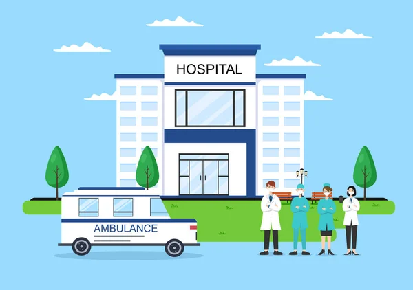 Edifício Hospitalar Para Cuidados Saúde Cartoon Fundo Vector Ilustração Com —  Vetores de Stock