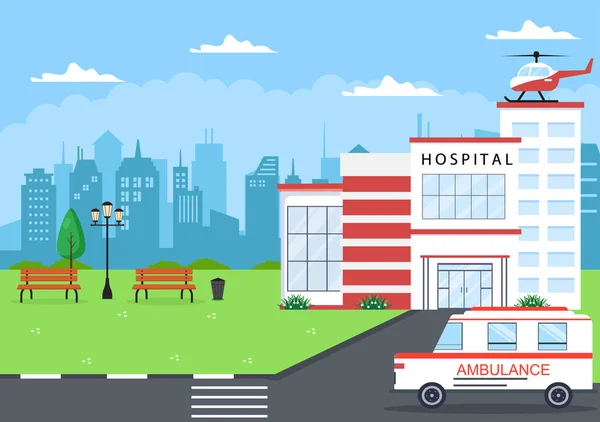 Edifício Hospitalar Para Cuidados Saúde Cartoon Fundo Vector Ilustração Com —  Vetores de Stock