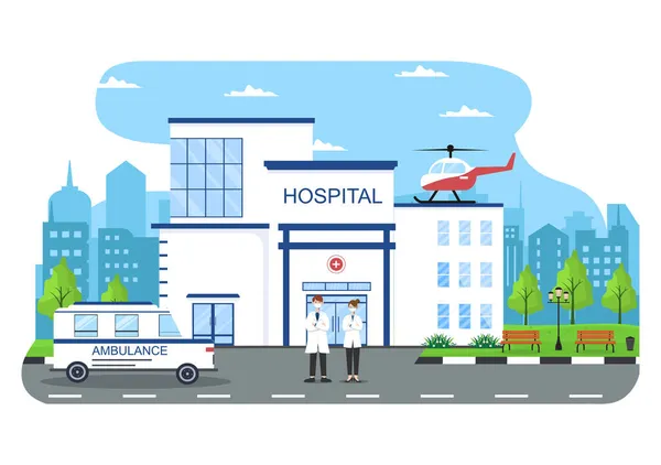 Ziekenhuisgebouw Voor Gezondheidszorg Cartoon Achtergrond Vector Illustratie Met Ambulance Car — Stockvector