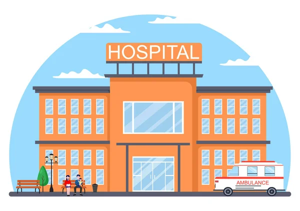 Budynek Szpitala Opieki Zdrowotnej Tle Wektor Ilustracja Samochód Pogotowia Ratunkowego — Wektor stockowy