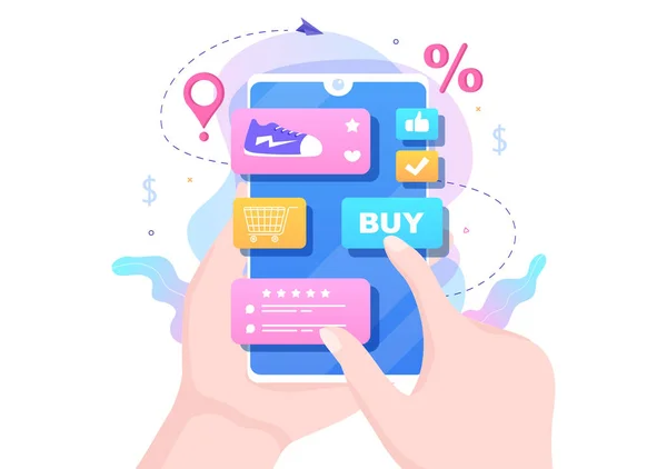 Mobile Geschäfte Oder Online Einkäufe Anwendungsvektorillustration Digitale Marketing Promotion Zahlung — Stockvektor