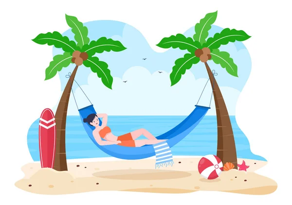 Gente Acostada Hamaca Playa Swing Flat Cartoon Vector Illustration Vacaciones — Archivo Imágenes Vectoriales