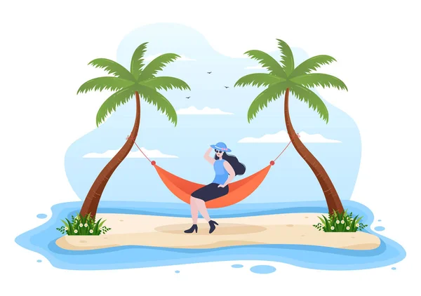 Gente Acostada Hamaca Playa Swing Flat Cartoon Vector Illustration Vacaciones — Archivo Imágenes Vectoriales
