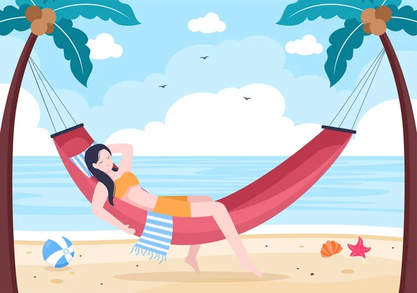 People Lying Hammock Beach Swing Flat Cartoon Vector Illustration Summer — Stock Vector